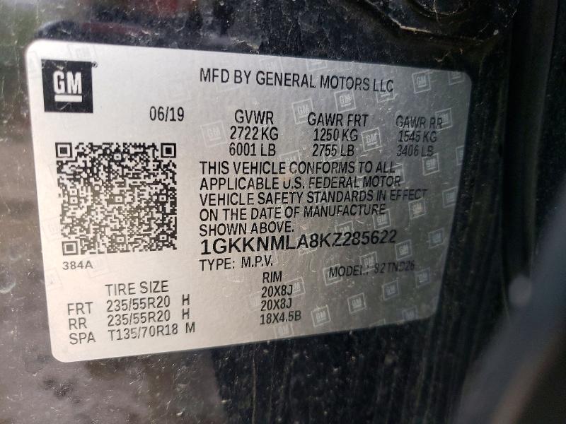 50070276 :رقم المزاد ، 1GKKNMLA8KZ285622 vin ، 2019 Gmc Acadia مزاد بيع