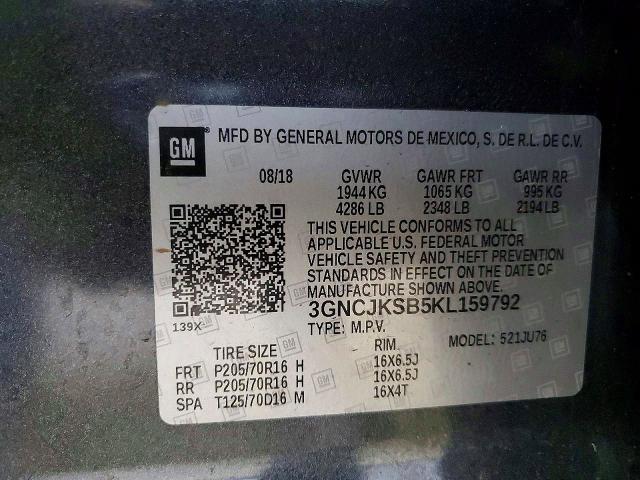 Aukcja sprzedaży 2019 Chevrolet Trax, vin: 3GNCJKSB5KL159792, numer aukcji: 51528146