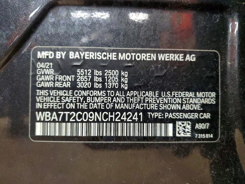 48687796 :رقم المزاد ، WBA7T2C09NCH24241 vin ، 2022 Bmw 740 مزاد بيع