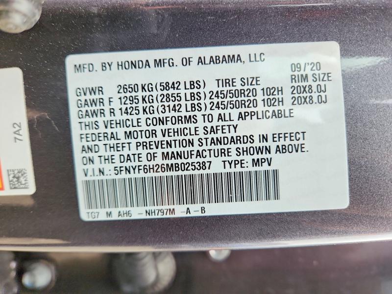 2021 Honda Pilot მანქანა იყიდება აუქციონზე, vin: 5FNYF6H26MB025387, აუქციონის ნომერი: 51144226