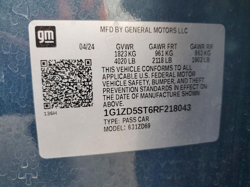 Aukcja sprzedaży 2024 Chevrolet Malibu, vin: 1G1ZD5ST6RF218043, numer aukcji: 48151076