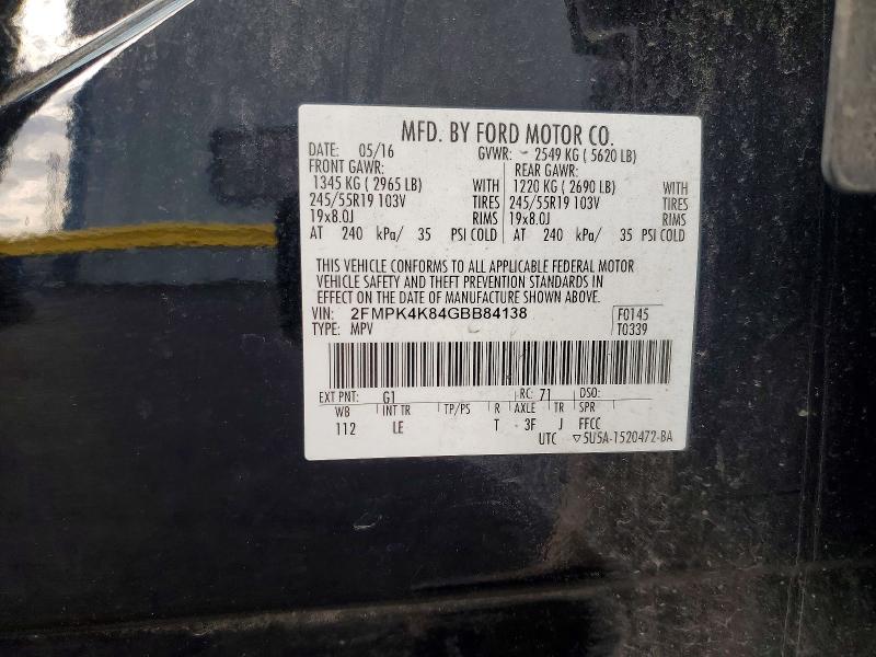 48854696 :رقم المزاد ، 2FMPK4K84GBB84138 vin ، 2016 Ford Edge مزاد بيع