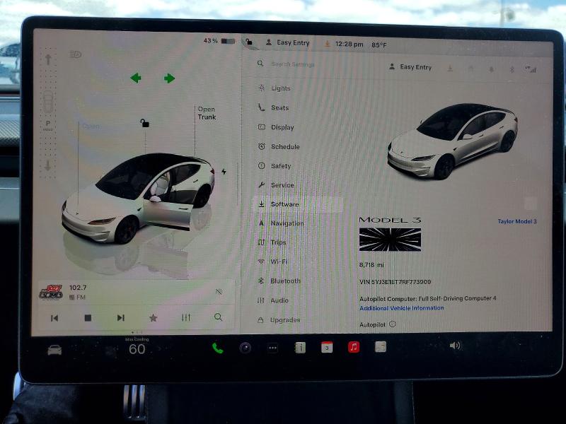 2024 Tesla Model 3 მანქანა იყიდება აუქციონზე, vin: 5YJ3E1ET7RF773909, აუქციონის ნომერი: 48857126