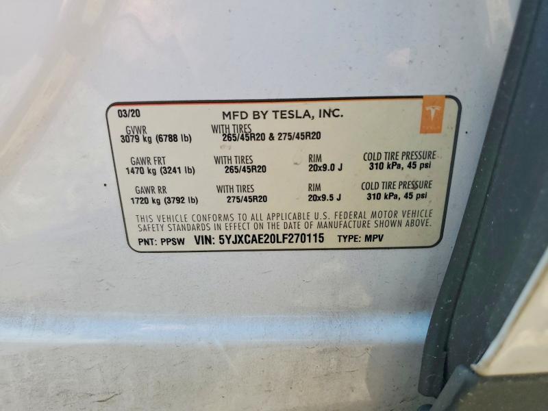 Продаж на аукціоні авто 2020 Tesla Model X, vin: 5YJXCAE20LF270115, номер лоту: 49427286
