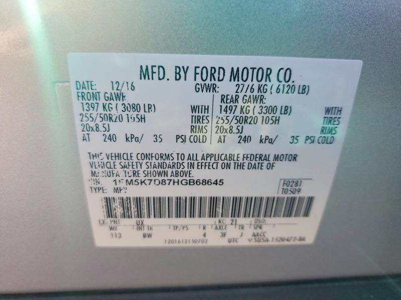 Aukcja sprzedaży 2017 Ford Explorer, vin: 1FM5K7D87HGB68645, numer aukcji: 51256856