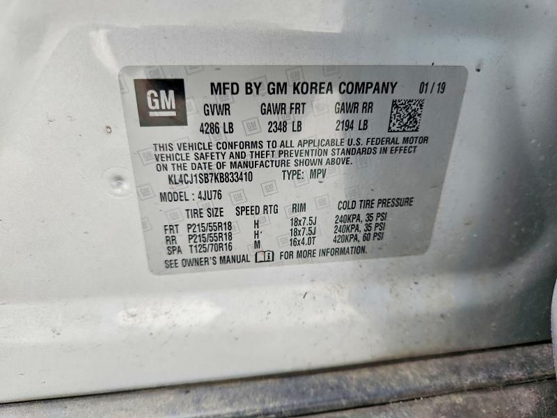 50102406 :رقم المزاد ، KL4CJ1SB7KB833410 vin ، 2019 Buick Encore مزاد بيع