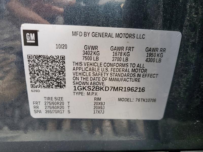 49381216 :رقم المزاد ، 1GKS2BKD7MR196216 vin ، 2021 Gmc Yukon مزاد بيع