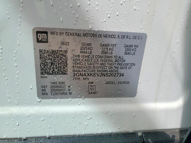 49432136 :رقم المزاد ، 3GNAXKEV2NS202734 vin ، 2022 Chevrolet Equinox مزاد بيع