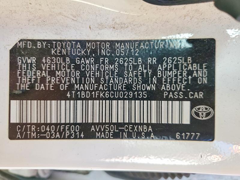 2012 Toyota Camry Hybrid მანქანა იყიდება აუქციონზე, vin: 4T1BD1FK6CU029135, აუქციონის ნომერი: 49474476