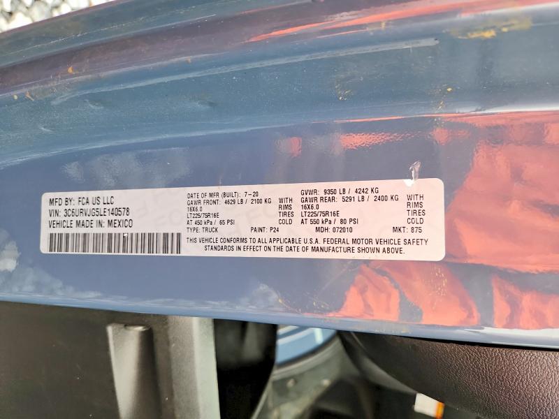2020 Ram Promaster 3500 მანქანა იყიდება აუქციონზე, vin: 3C6URVJG5LE140578, აუქციონის ნომერი: 77084945