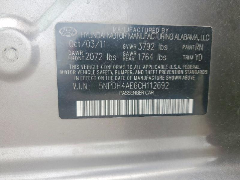 2012 Hyundai Elantra მანქანა იყიდება აუქციონზე, vin: 5NPDH4AE6CH112692, აუქციონის ნომერი: 51617786