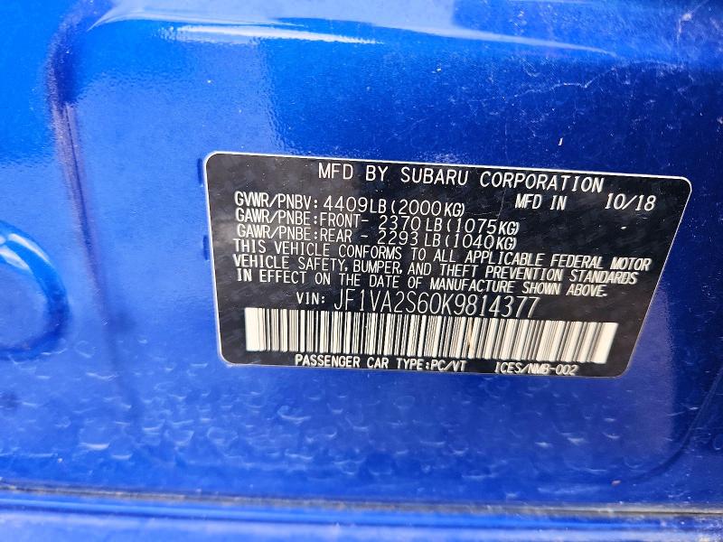 49485586 :رقم المزاد ، JF1VA2S60K9814377 vin ، 2019 Subaru Wrx مزاد بيع
