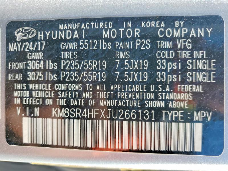 Aukcja sprzedaży 2018 Hyundai Santa Fe, vin: KM8SR4HFXJU266131, numer aukcji: 49790026