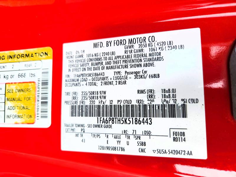 Aukcja sprzedaży 2019 Ford Mustang, vin: 1FA6P8TH5K5186443, numer aukcji: 48445476