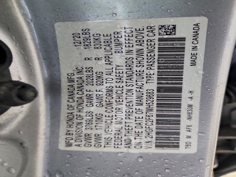 2021 Honda Civic მანქანა იყიდება აუქციონზე, vin: 2HGFC2F67MH529683, აუქციონის ნომერი: 51961046