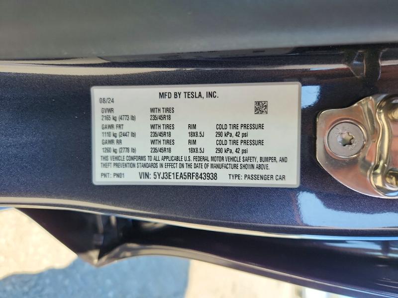 Aukcja sprzedaży 2024 Tesla Model 3, vin: 5YJ3E1EA5RF843938, numer aukcji: 49959036