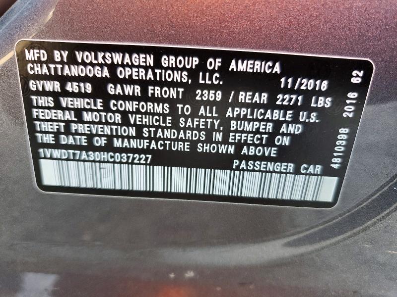 Aukcja sprzedaży 2017 Volkswagen Passat, vin: 1VWDT7A30HC037227, numer aukcji: 48408736