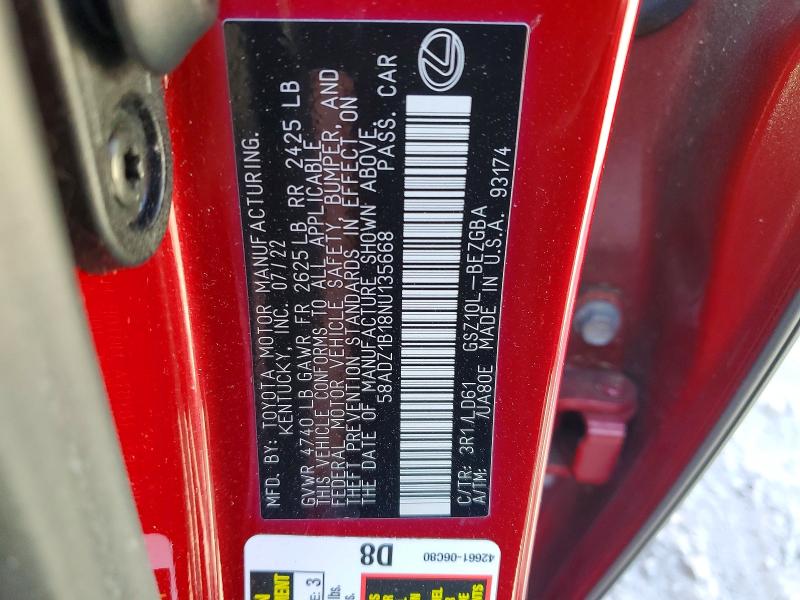 Aukcja sprzedaży 2022 Lexus Es 350, vin: 58ADZ1B18NU135668, numer aukcji: 50457106