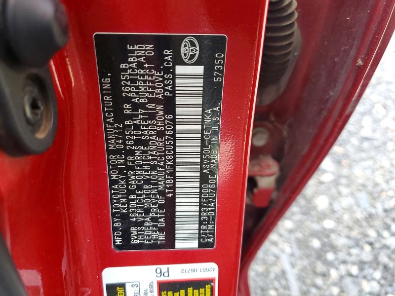 48320936 :رقم المزاد ، 4T1BF1FK8CU576076 vin ، 2012 Toyota Camry مزاد بيع