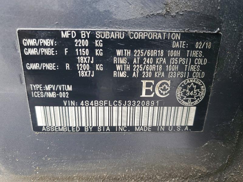 48105596 :رقم المزاد ، 4S4BSFLC5J3320891 vin ، 2018 Subaru Outback 3.6r Limited مزاد بيع