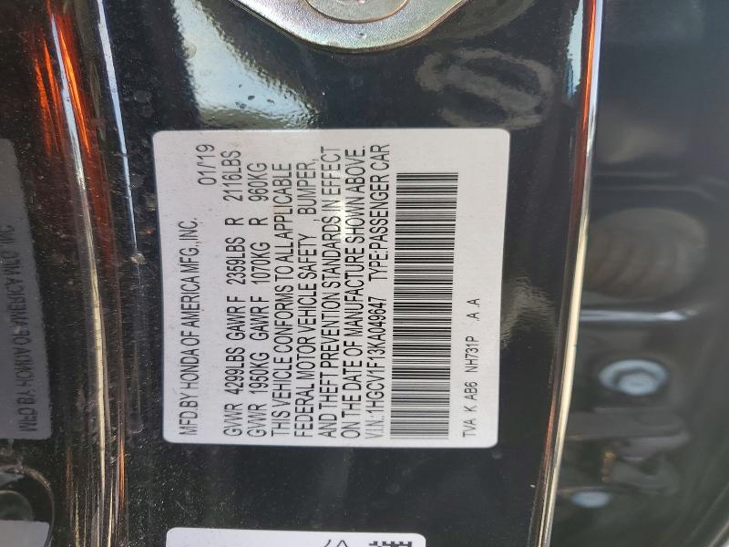 Aukcja sprzedaży 2019 Honda Accord, vin: 1HGCV1F13KA049647, numer aukcji: 49675766
