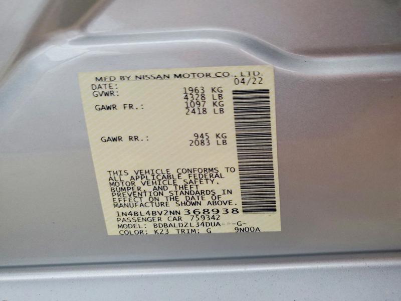 50449946 :رقم المزاد ، 1N4BL4BV2NN368938 vin ، 2022 Nissan Altima مزاد بيع