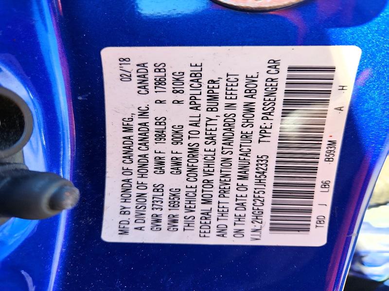 Продаж на аукціоні авто 2018 Honda Civic, vin: 2HGFC2F51JH542335, номер лоту: 48996116