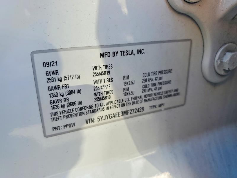 2021 Tesla Model Y მანქანა იყიდება აუქციონზე, vin: 5YJYGAEE3MF272428, აუქციონის ნომერი: 49924486