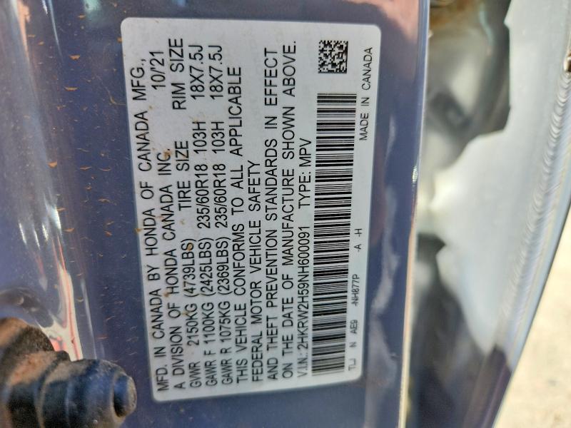 2022 Honda Cr-v მანქანა იყიდება აუქციონზე, vin: 2HKRW2H59NH600091, აუქციონის ნომერი: 51518516