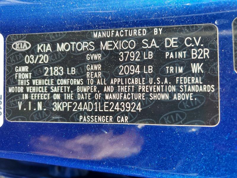 49421216 :رقم المزاد ، 3KPF24AD1LE243924 vin ، 2020 Kia Forte مزاد بيع