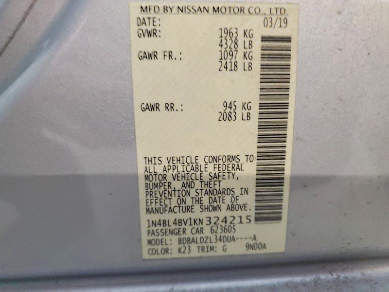 2019 Nissan Altima მანქანა იყიდება აუქციონზე, vin: 1N4BL4BV1KN324215, აუქციონის ნომერი: 48934086