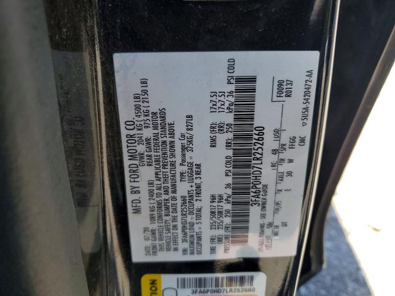 Aukcja sprzedaży 2020 Ford Fusion, vin: 3FA6P0HD7LR252660, numer aukcji: 50646786