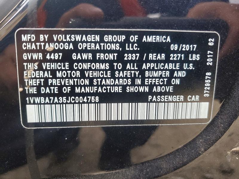 2018 Volkswagen Passat მანქანა იყიდება აუქციონზე, vin: 1VWBA7A35JC004758, აუქციონის ნომერი: 49592336