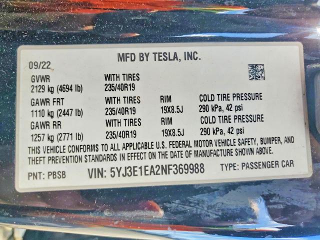 Продажа на аукционе авто 2022 Tesla Model 3, vin: 5YJ3E1EA2NF369988, номер лота: 52086096