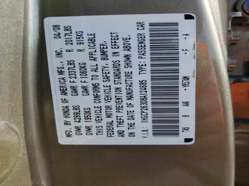 Aukcja sprzedaży 2008 Honda Accord, vin: 1HGCP26308A124685, numer aukcji: 49790576