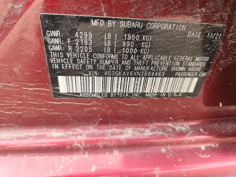 2022 Subaru Impreza მანქანა იყიდება აუქციონზე, vin: 4S3GKAV6XN3604463, აუქციონის ნომერი: 51573226