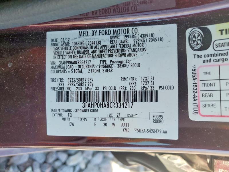 Aukcja sprzedaży 2012 Ford Fusion, vin: 3FAHP0HA8CR334217, numer aukcji: 50352266