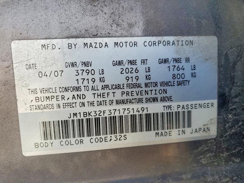 49485396 :رقم المزاد ، JM1BK32F371751491 vin ، 2007 Mazda 3 مزاد بيع