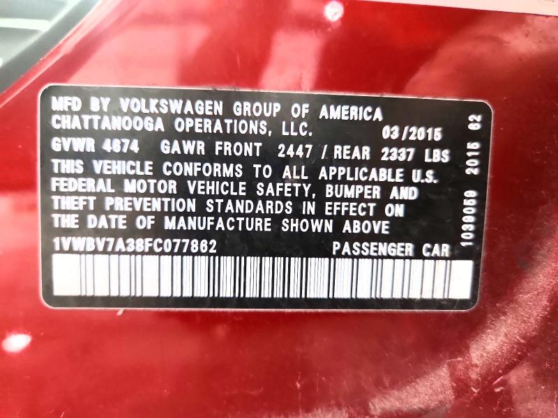 Aukcja sprzedaży 2015 Volkswagen Passat, vin: 1VWBV7A38FC077862, numer aukcji: 51474086