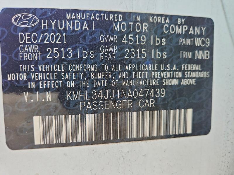 Продаж на аукціоні авто 2022 Hyundai Sonata Hybrid, vin: KMHL34JJ1NA047439, номер лоту: 49433166