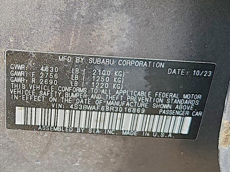 2024 Subaru Legacy მანქანა იყიდება აუქციონზე, vin: 4S3BWAF68R3016869, აუქციონის ნომერი: 46242696