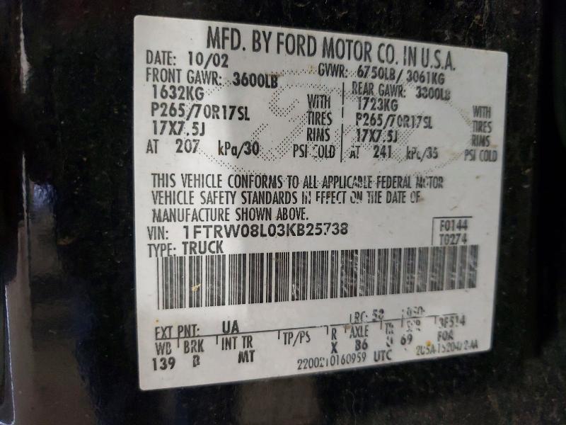 Aukcja sprzedaży 2003 Ford F150, vin: 1FTRW08L03KB25738, numer aukcji: 51123736