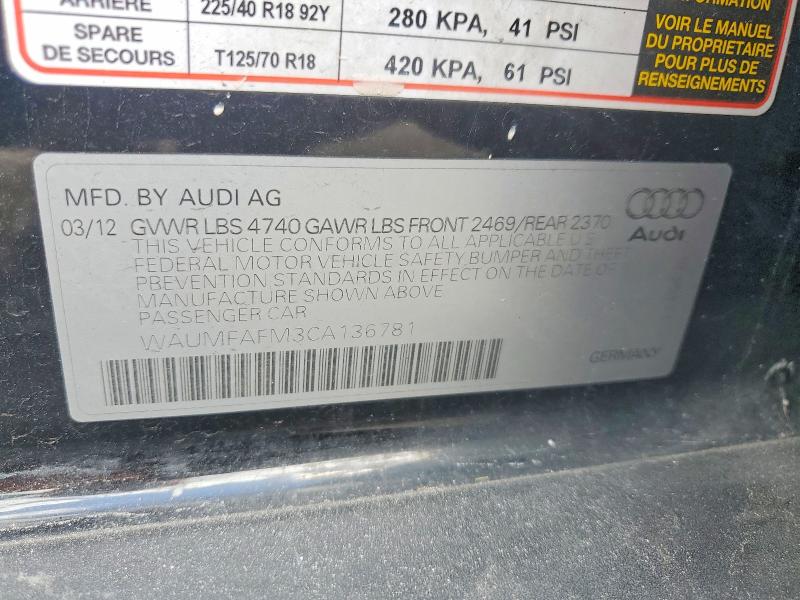 51501176 :رقم المزاد ، WAUMFAFM3CA136781 vin ، 2012 Audi A3 مزاد بيع