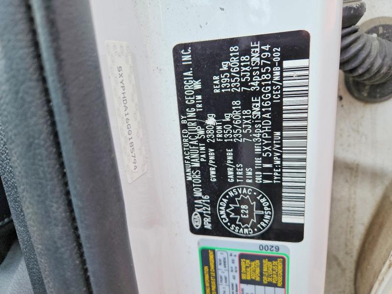 49256436 :رقم المزاد ، 5XYPHDA16GG185794 vin ، 2016 Kia Sorento مزاد بيع