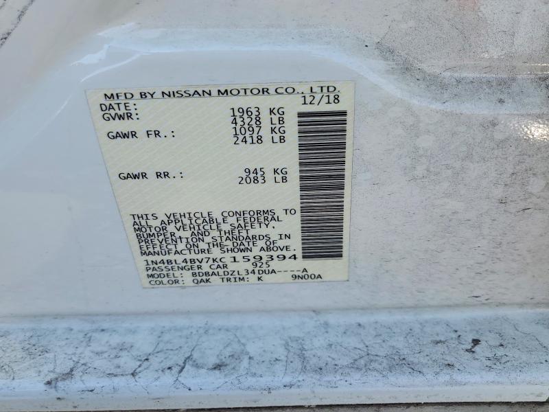 50637946 :رقم المزاد ، 1N4BL4BV7KC159394 vin ، 2019 Nissan Altima مزاد بيع