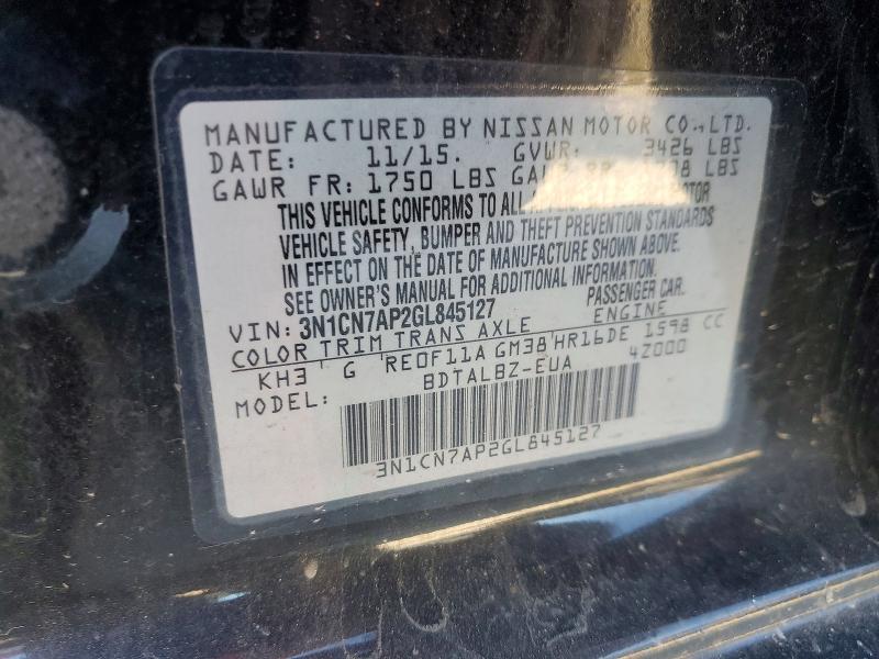 51508746 :رقم المزاد ، 3N1CN7AP2GL845127 vin ، 2016 Nissan Versa مزاد بيع
