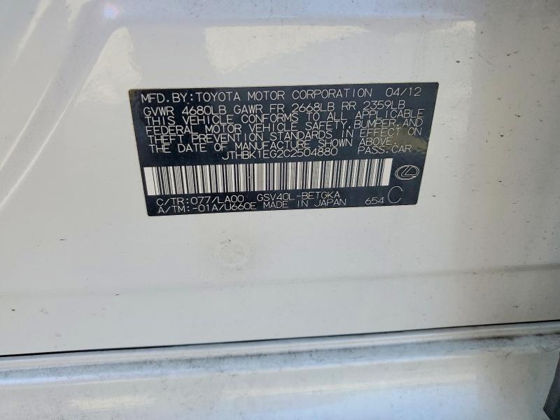 51077506 :رقم المزاد ، JTHBK1EG2C2504880 vin ، 2012 Lexus Es مزاد بيع