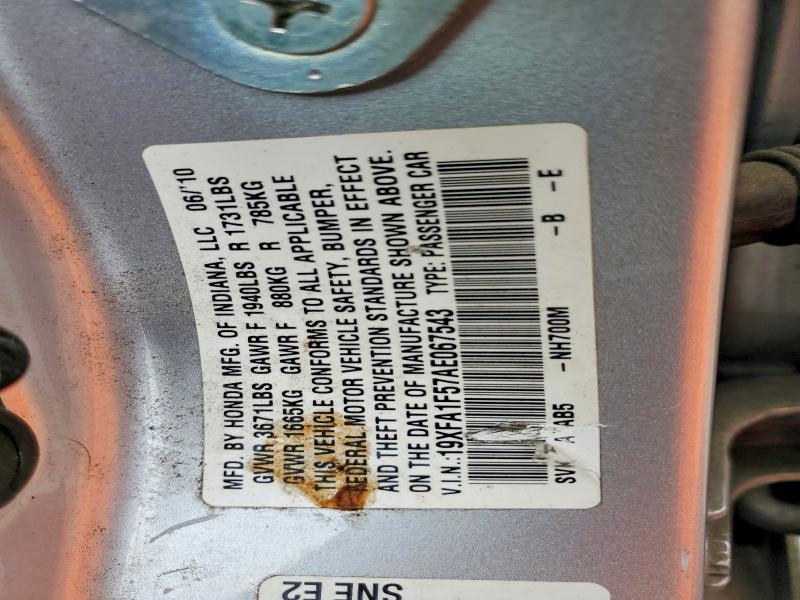 48689766 :رقم المزاد ، 19XFA1F57AE067543 vin ، 2010 Honda Civic مزاد بيع