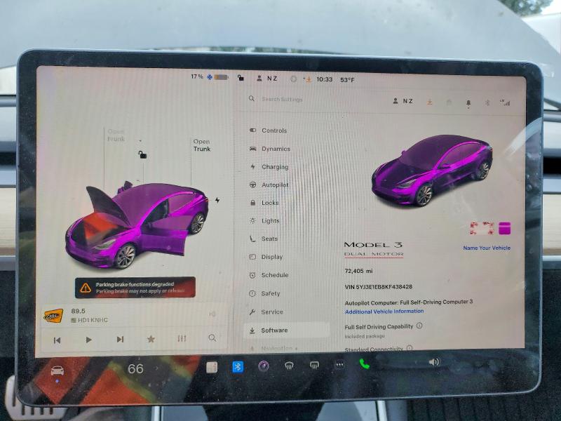 2019 Tesla Model 3 მანქანა იყიდება აუქციონზე, vin: 5YJ3E1EB8KF438428, აუქციონის ნომერი: 48824656