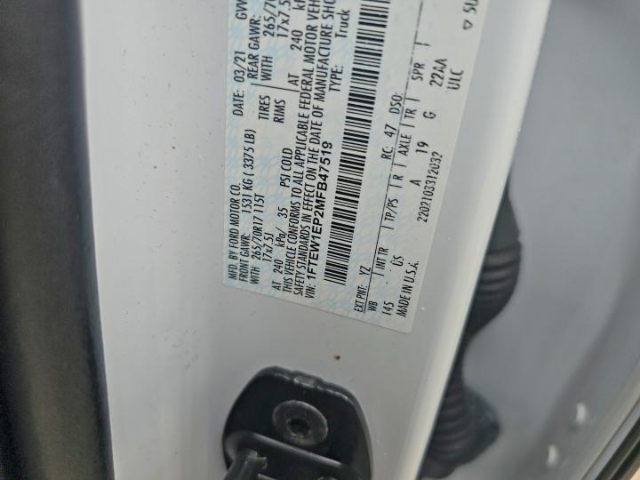2021 Ford F150 მანქანა იყიდება აუქციონზე, vin: 1FTEW1EP2MFB47519, აუქციონის ნომერი: 52168756